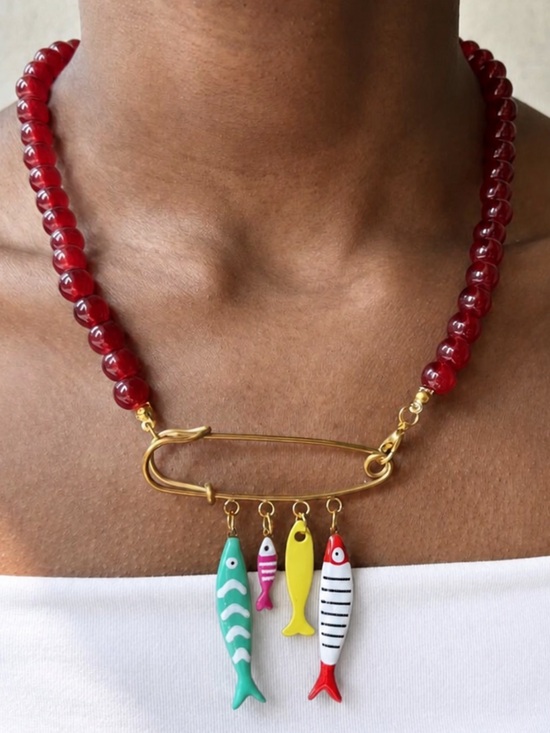Jewelry - New! Coastal Red Beaded Gold Safety Pin Fish Charm Necklace NWOT (2005)
